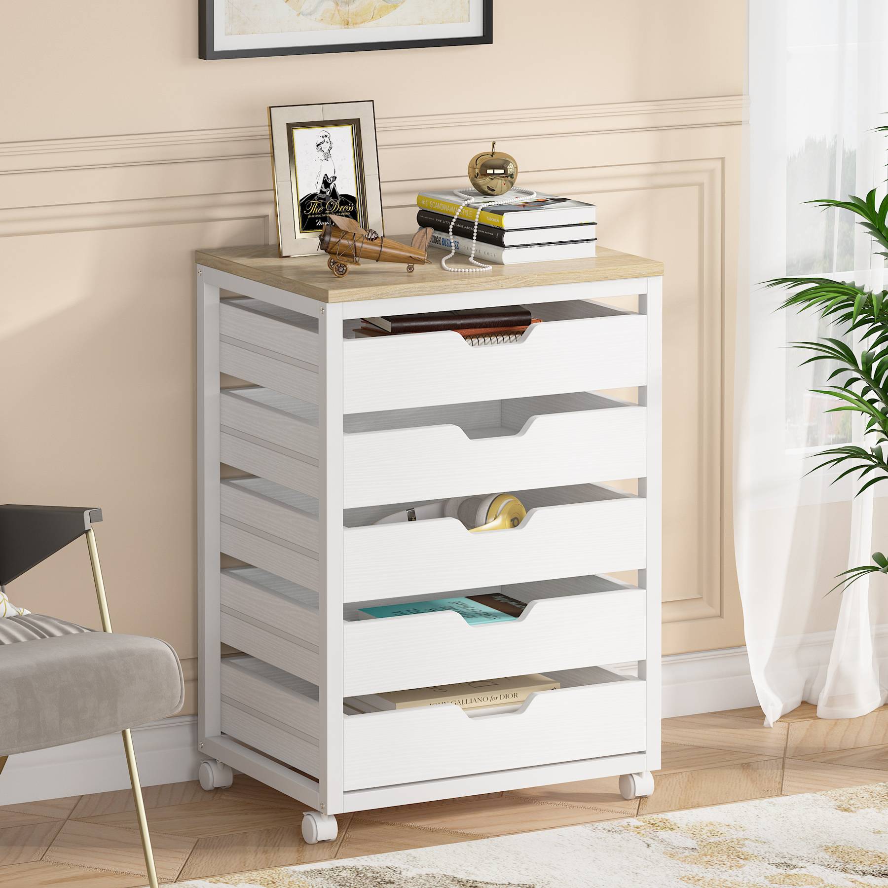 5/7 Drawer Chest, Wood Storage Dresser Cabinet with Wheels Tribesigns